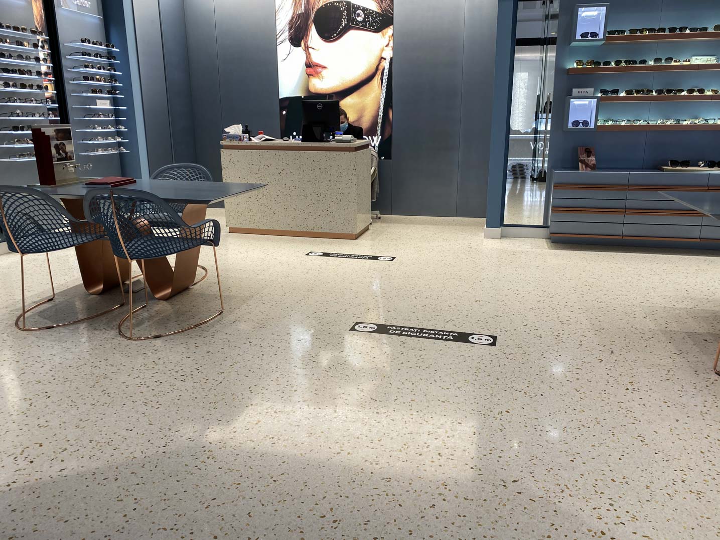 terrazzo cream flooring in optical shop