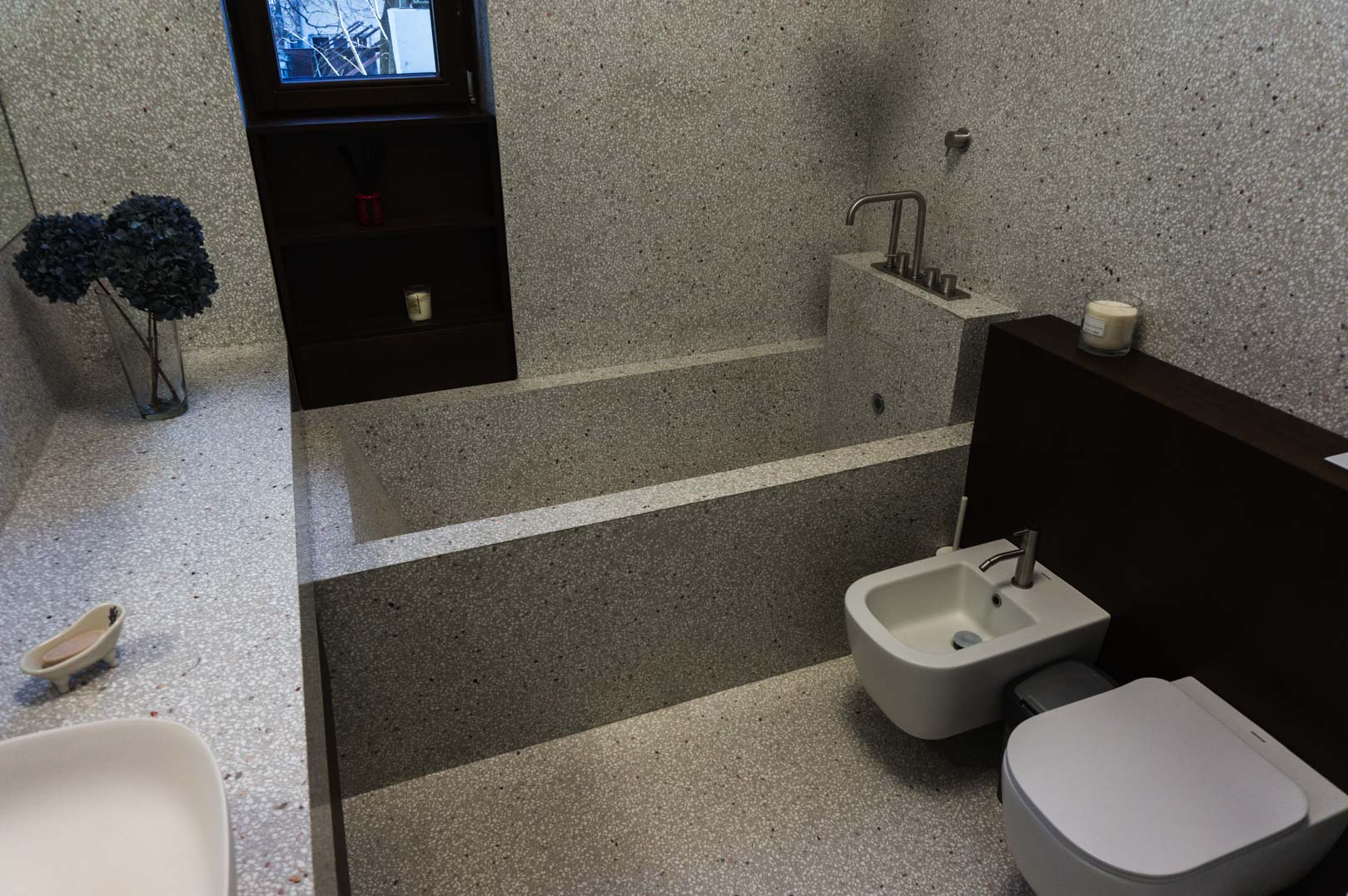 a bathroom completely with terrazzo
