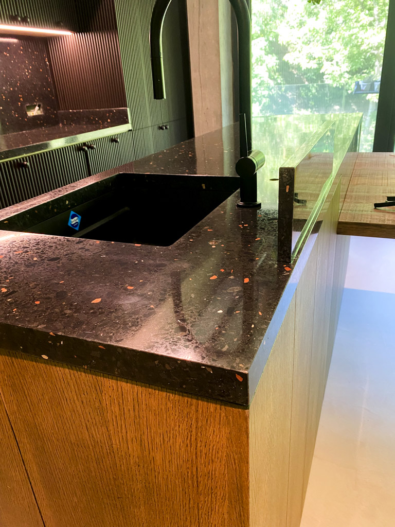 black terrazzo kitchen top