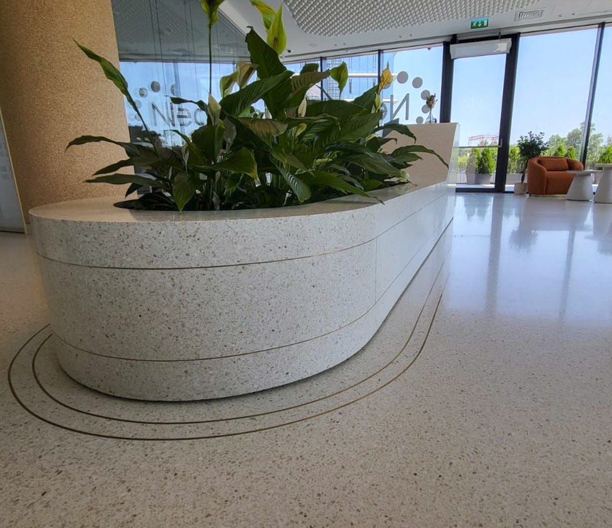 reception desk at neoclinique made of terrazzo material